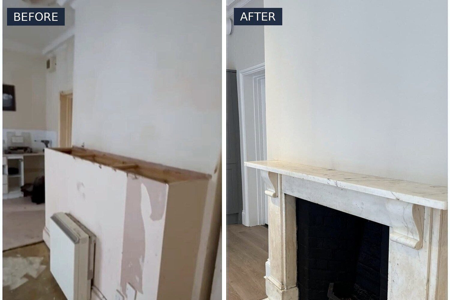 Before and after: room redecorated around a period fireplace