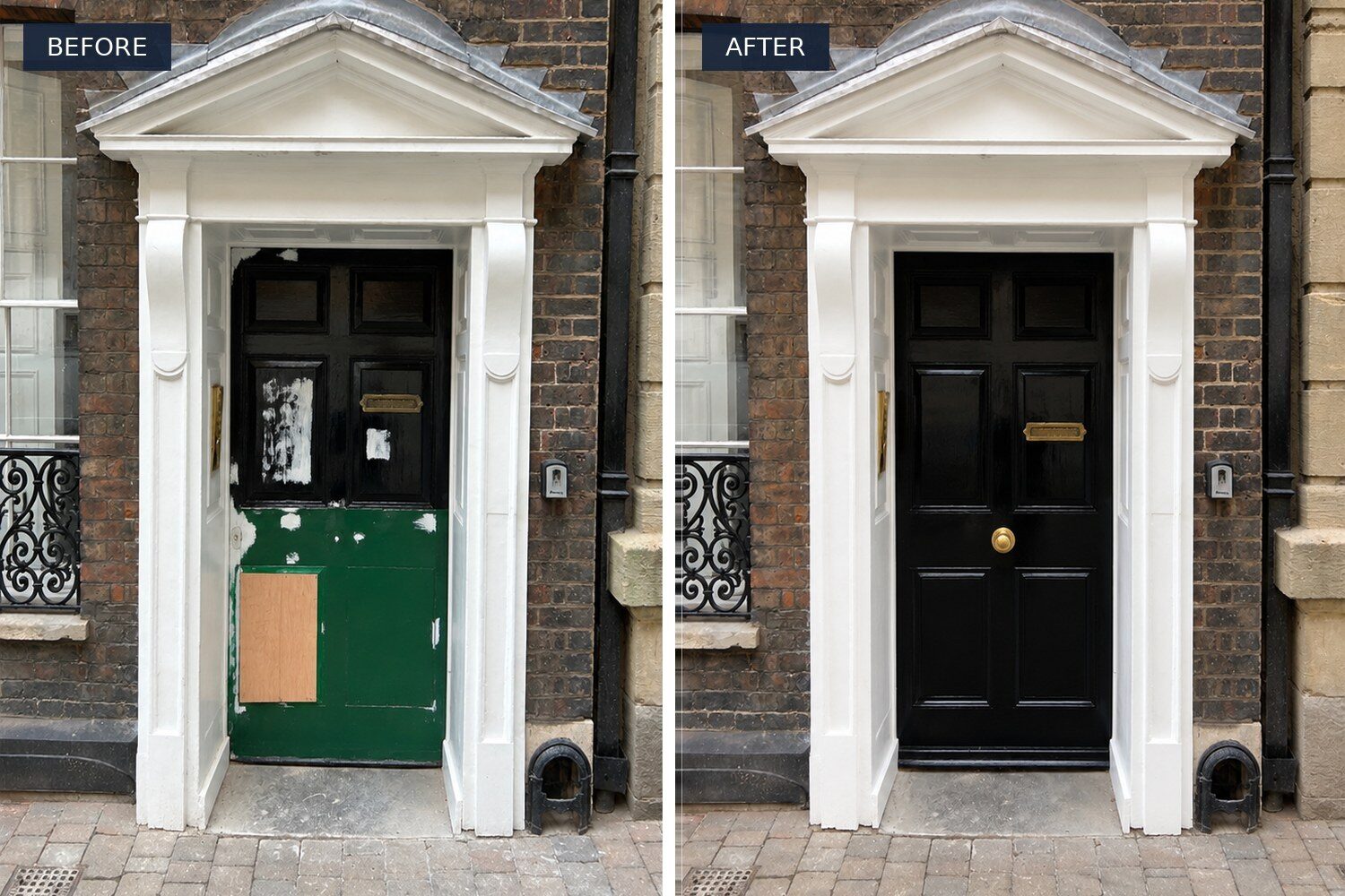Before and after: period front door repainted in high-gloss black