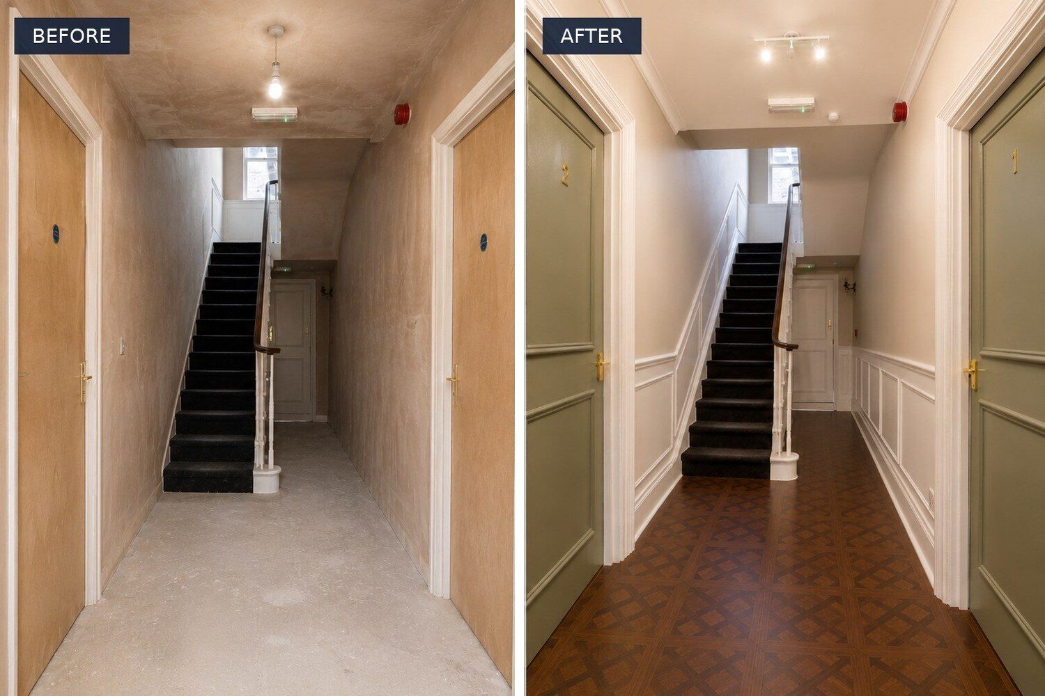 Before and after: communal hallway and staircase with new panelling, painted doors and parquet floor