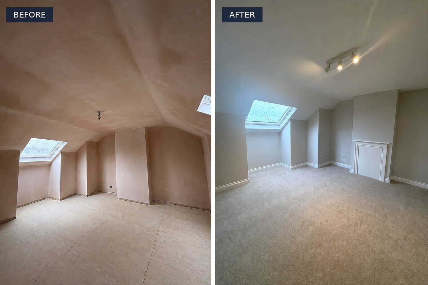 Before and after: loft room taken from fresh plaster to fully decorated and carpeted