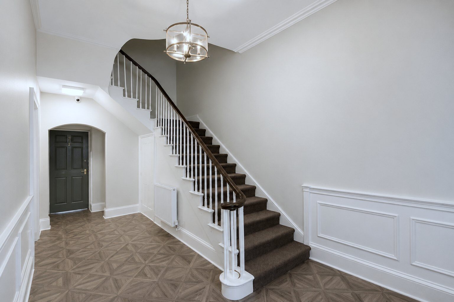 Freshly decorated communal staircase and hallway